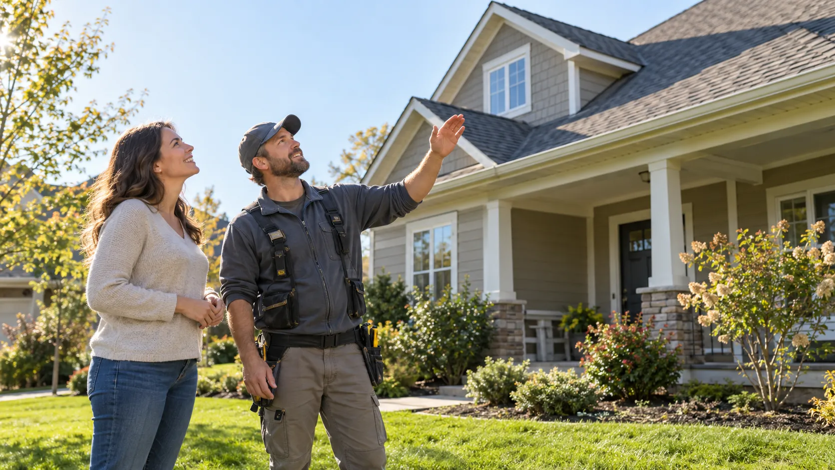 A homeowner and a roofing provider talking in front of a house in Grafton