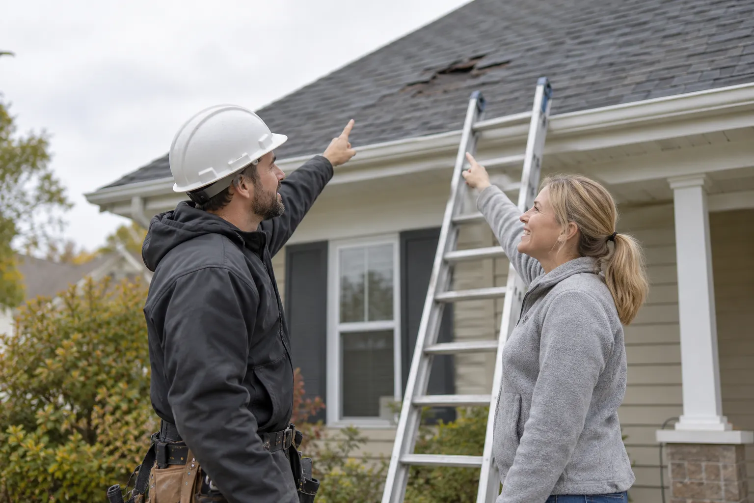 Friendly roofing provider and homeowner looking at a section of shingle roof from a ladder in a Grafton neighborhood