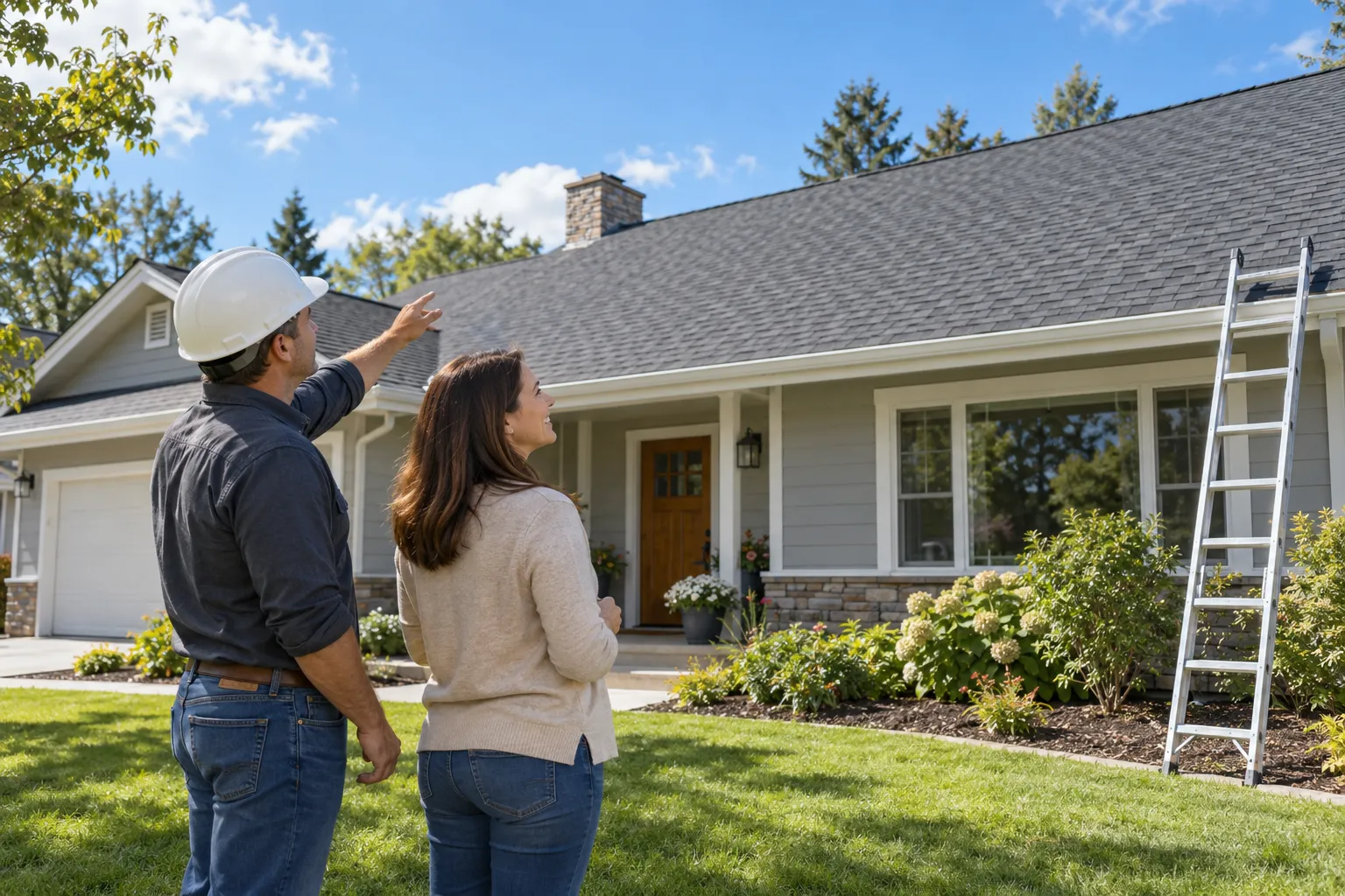 A local roofing provider and a homeowner looking over a newly installed shingle roof on a house in Grafton