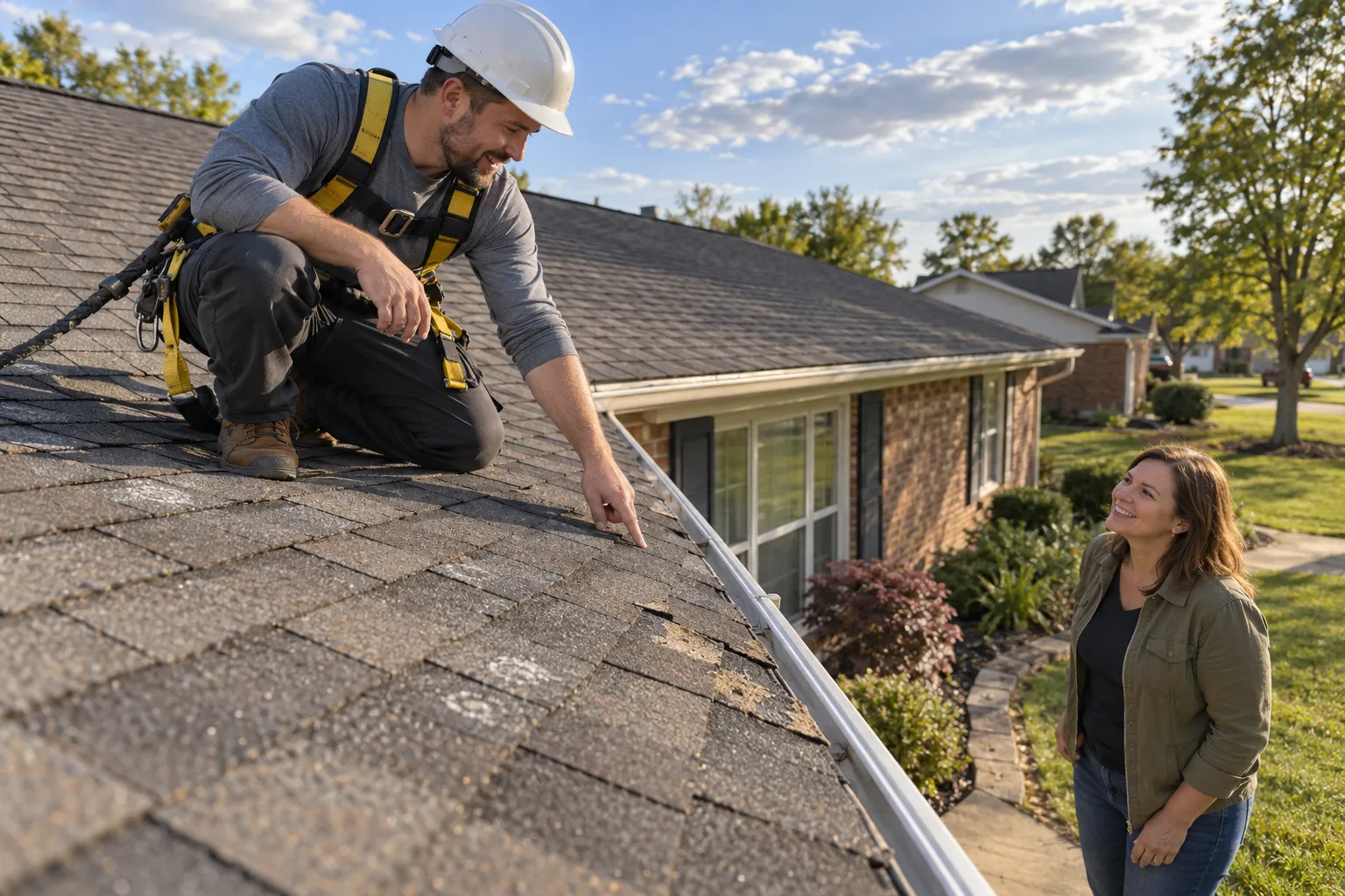 Local roofing provider inspecting hail-damaged shingles on a home roof near Grafton